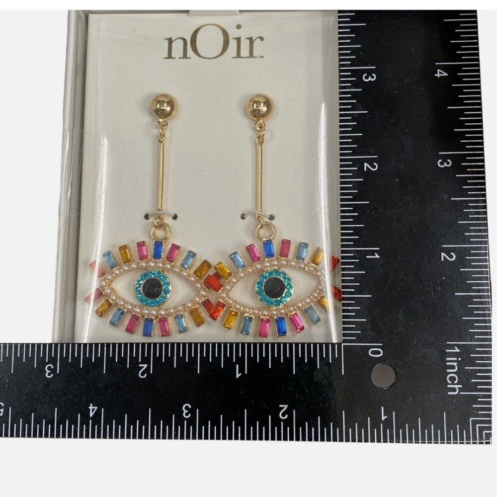 Noir Earrings Gold Tone Evil Eye Rhinestone Colorful Drop Dangle Sparkle NEW - Picture 6 of 9